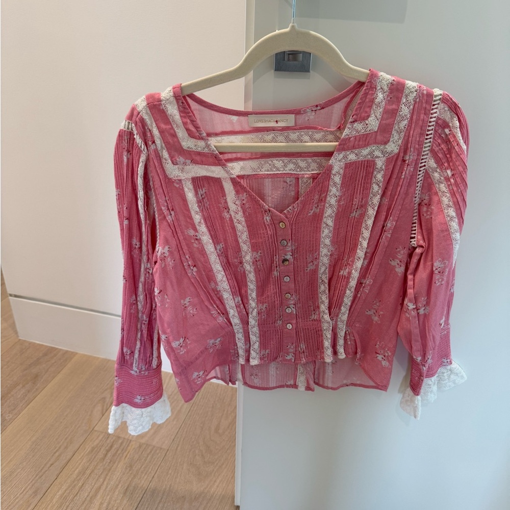 LoveShackFancy Pink Lace-Trimmed Top